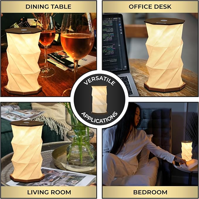 Foldable LED Desk Lamp – USB Rechargeable & Portable - Dimmable Touch Control Light with Adjustable Height up to 8.25" for Office, Travel, Bedside - Sleek & Modern Design (Wood Grain)