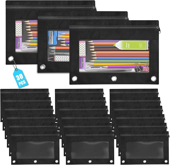 Ochido Pencil Pouch for 3 Ring Binder Bulk, 30 Pack in Black, Sturdy and Durable 3-Hole Binder Cloth Pencil Bag, Zipper Pencil Case with Clear Window for Storing School Office Supplies