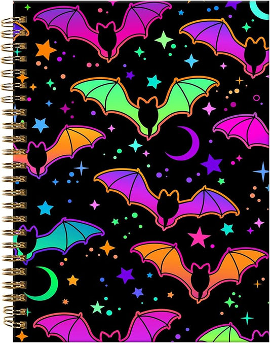 Spiral Journal Notebook,A5 Hardcover Lined Journals for Women Girl 6 x 8.3 in,120 Pages Thick Paper,Cute College Ruled Writing Notebook for Gifts Office Work School(Purple Bats)
