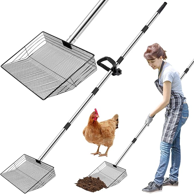 Extra Large 15" Metal Chicken Poop Scooper with Ergonomic Grip, 5-in-1 Adjustable Detachable Chicken Coop Accessories(24" to 76"), Multifuctional Litter Sifting Shovel with Stainless Steel Handle