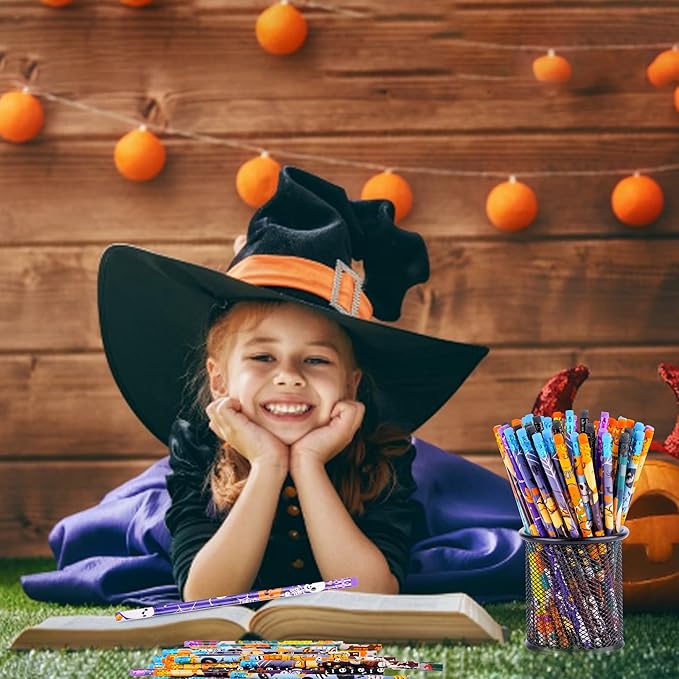 Kolewo4ever 200 Pieces Halloween Pencils Ghost Pumpkin Wood Pencils with Eraser Tops,Assortment Halloween Stationery Pencil for Halloween Party Favors, 12 Styles (200)