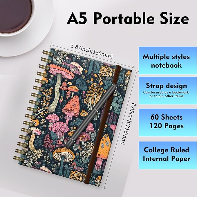 Bansutay Spiral Journal Notebook, A5 Cute Notebooks for Women Men, College Ruled Hardcover Notebook for Work & Note Taking, 60 Pages Double-Wire Journals for Writing (BOHO Mushroom)