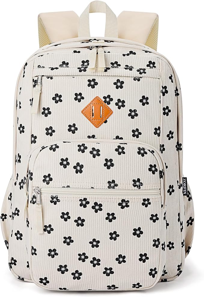 ZORFIN 26L Backpack for School, College, and Travel: Corduroy Bookbag with 8 Compartments - Floral