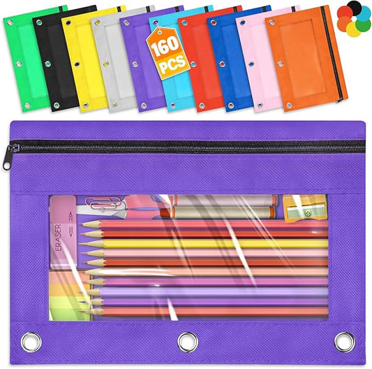 Pencil Pouch for 3 Ring Binder, 160 Packs Zipper Pencil Pouch Bulk in 10 Colors, Pencil Case for Binder with Clear Window for School, Home and Office