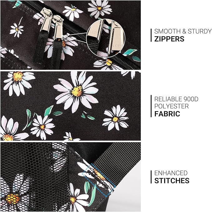 ZORFIN 26L Backpack for School, College, and Travel: Water Resistant Bookbag with 8 Compartments - Daisy Black