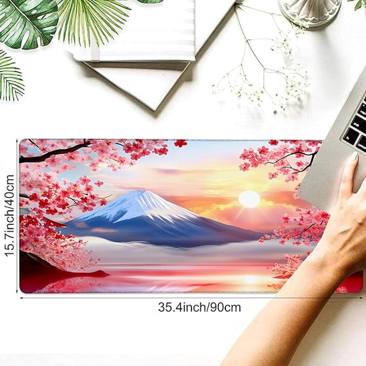 Desk Mat, Cherry Blossoms Mount Fuji Sunrise Large Gaming Mouse Pad with Non-Slip Base Stitched Edges,Desk pad for Keyboard and Mouse Home Office 35.4"x15.7"