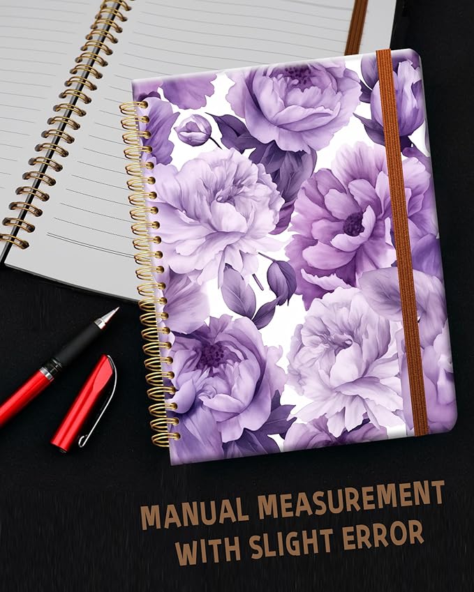 Ruled Spiral Writing Notebook,A5 Hardcover Lined College Journal for Women Lady Girl,Strong Twin-Wire Binding with Premium Paper,8.4" X 6",Perfect for School,Office,Home Gifts(purple floral)