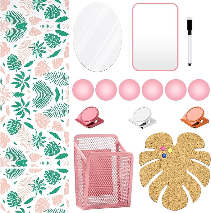 Harloon 15 Pcs Locker Decoration and Organizer Kit Locker Wallpaper Magnetic Pen Holder and Mirror Whiteboard Marker Cork Board with 3 Push Pins 3 Magnetic Clip 6 Magnets(Palm Leaf)