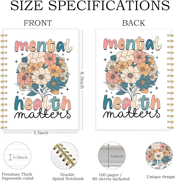 OTKBD Mental Health Matters Notebook, Boho Floral Inspirational Journal for Women, Therapy Notebook for Therapist, School Counselor Office Must Haves, Psychology Gifts, 5.5x8.3 Inch