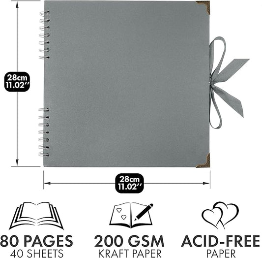 Bstorify Square Scrapbook Photo Albums 80 Pages (11 x 11 Inch) Grey Thick Paper, Hardcover, Ribbon Closure - Ideal for Your Scrapbooking Albums, Art & Craft Projects (Grey, 11 x 11 Inch)