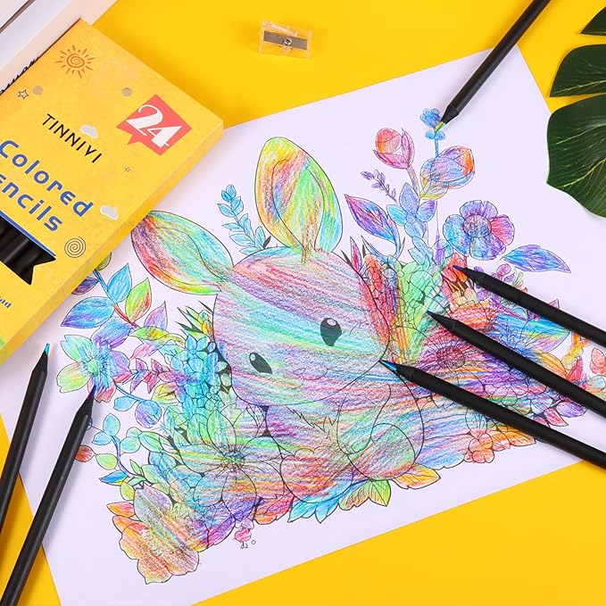 TINNIVI Art Supplies for Kids, 7 Color Black Wooden Rainbow Colored Pencils, Pre-sharpened, Multicolored Core, with Sharpener, for Coloring Books, Drawing, Sketching, 24pcs