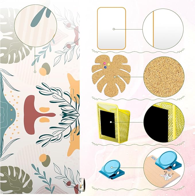 Harloon 15 Pcs Locker Decoration and Organizer Kit Locker Wallpaper Magnetic Pen Holder and Mirror Whiteboard Marker Cork Board with 3 Push Pins 3 Magnetic Clip 6 Magnets(Boho)