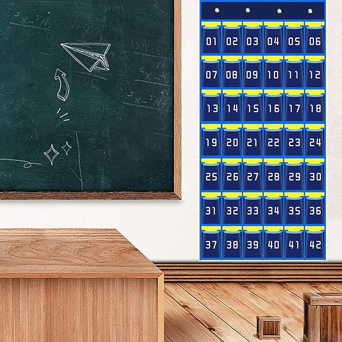 42 Pocket Classroom Cell Phone and Calculator Pocket Chart with Number Labels Clear Hanging Organizer with Hooks for School, Office, Home
