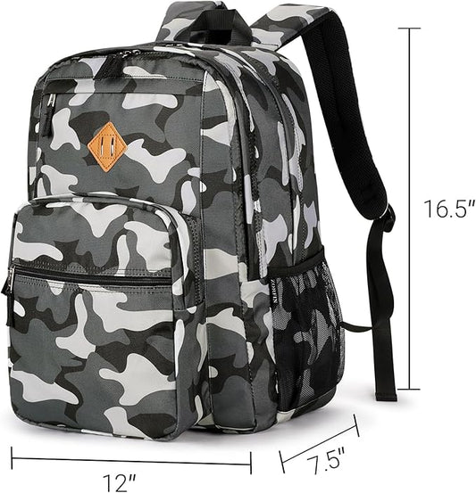 ZORFIN 26L Backpack for School, College, and Travel: Water Resistant Bookbag with 8 Compartments - Camo Black