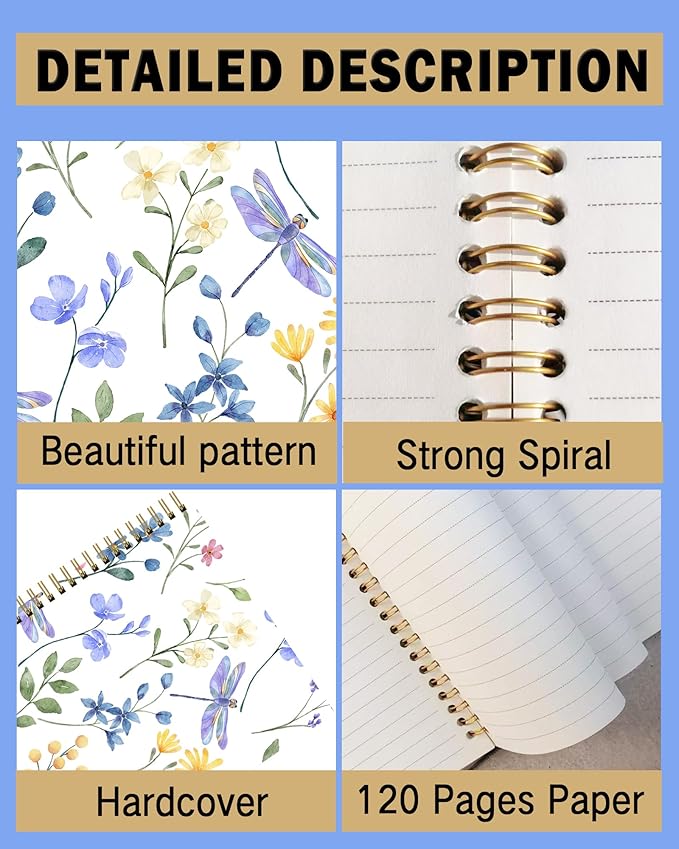 Spiral Notebook A5, Hardcover Journal for Women, 120 Pages Thick College Ruled Paper, Perfect for Office, School, or Home Use(Dragonfly and Flowers)