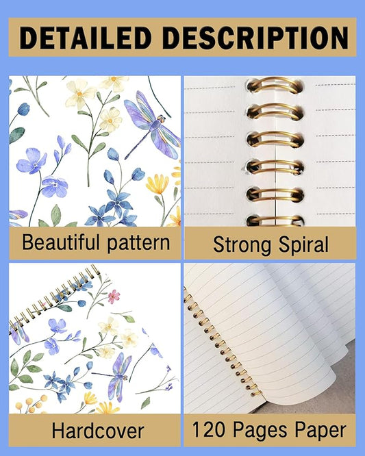Spiral Notebook A5, Hardcover Journal for Women, 120 Pages Thick College Ruled Paper, Perfect for Office, School, or Home Use(Dragonfly and Flowers)
