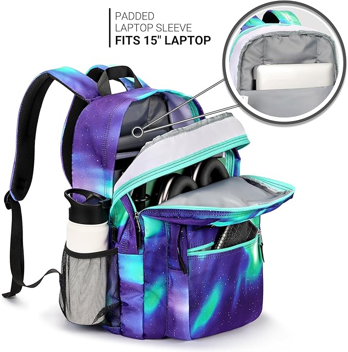 ZORFIN 26L Backpack for School, College, and Travel: Water Resistant Bookbag with 8 Compartments - Night Aurora SkyBlue