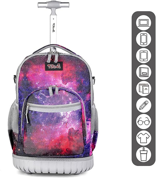 Tilami Rolling Backpack 19 inch with Lunch Bag Wheeled Laptop Backpack, Deep Red Galaxy