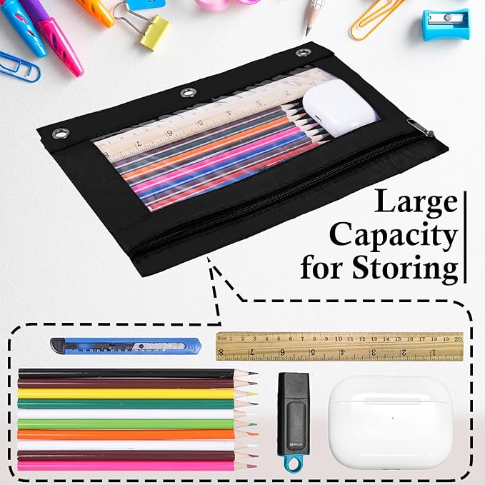 YoeeJob 60 Pack Zipper Pencil Pouch for 3 Ring Binder with Clear Window for School and Office Supplies (Black)