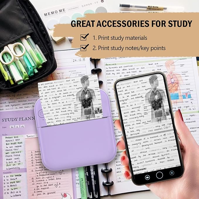 Mini Photo Printer - Portable Pocket Sticker Printers for iPhone Thermal Printer with 10 Rolls Thermal Paper for Photo, Memo, Journal - Purple