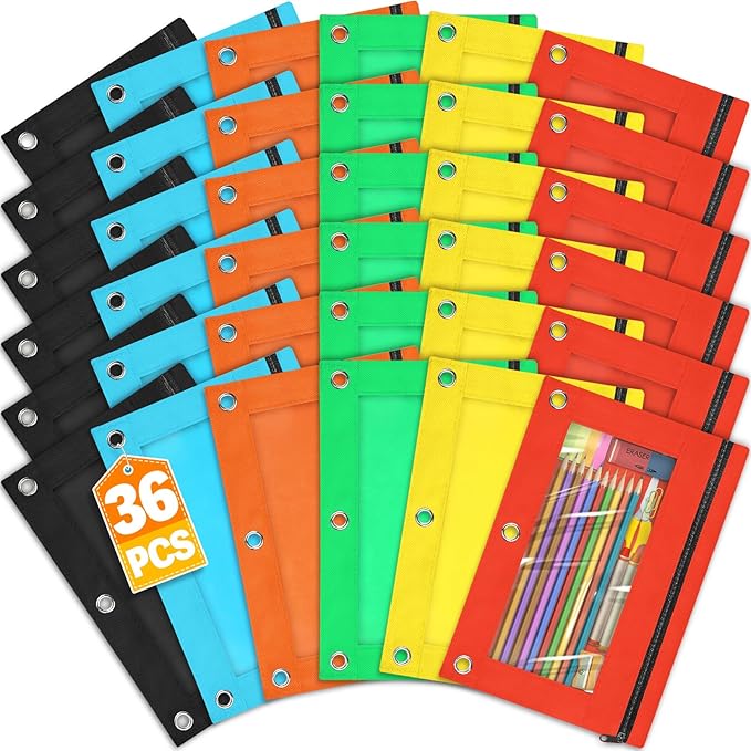 Pencil Pouch for 3 Ring Binder, 36 Packs Zipper Pencil Pouch Bulk in 6 Colors, Pencil Case for Binder with Clear Window for School, Home and Office