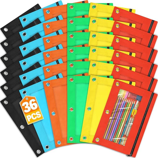 Pencil Pouch for 3 Ring Binder, 36 Packs Zipper Pencil Pouch Bulk in 6 Colors, Pencil Case for Binder with Clear Window for School, Home and Office