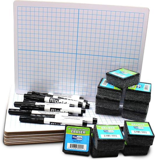 Flipside Products Dry Erase XY Axis Graph, Two Sided, Black Markers and Erasers, Graphing, Graph Lapboard for Kids and Students, Pack of 12