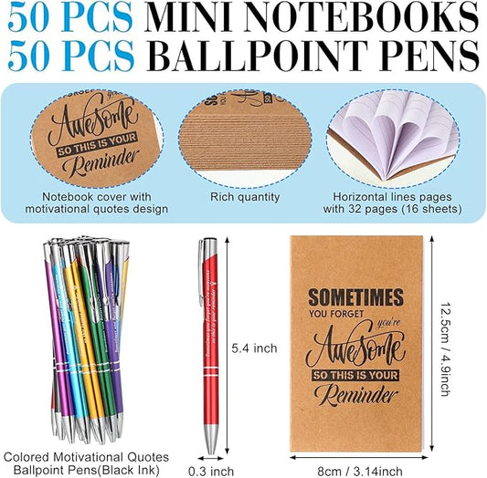 Sabary 100 Pcs Back to School Gifts Inspirational Notepads Ballpoint Pens Sets Mini Motivational Pocket Notebooks Journals Bulk Teacher Appreciation Presents for Office Supplies(Appreciation Gifts)