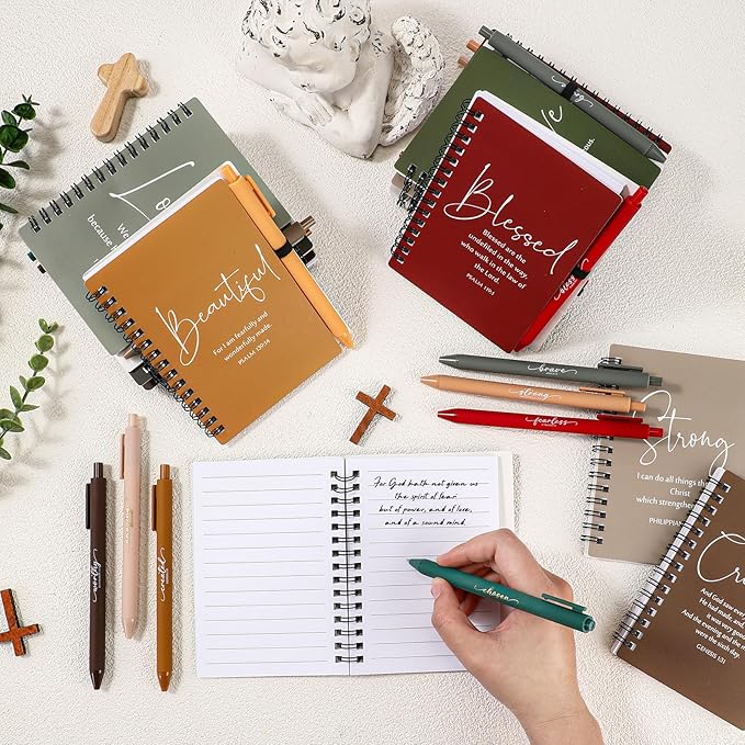 Kosiz 24 Sets Inspirational Christian Gifts Bulk Christian Notebooks Prayer Journals with Pens Spiral Bible Journals Religious Gifts for Church Grandparent Pastors Day Sunday School (Retro Color)