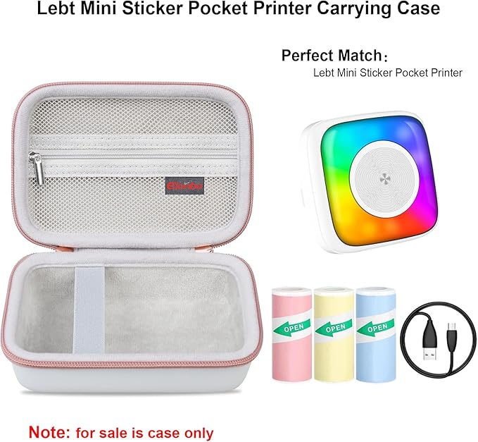 Elonbo Carrying Case for Lebt Mini Sticker Pocket Printer, Thermal Label Printer Portable Travel Bag, Label Maker Machine Storage Holder, Mesh Pocket Fits Paper Rolls Tape, White