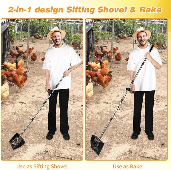 Rypet Chicken Poop Scooper & Rake 2-in-1 with Grip, 10 inches Metal Chicken Coop Scooper with Adjustable Stainless Steel Handle (36" to 74"), Sand Sifting Litter Shovel for Chicken Coops Farm Animal