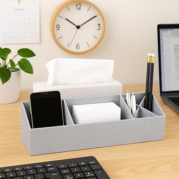 Bigso Box of Sweden Elisa Desktop Organizer - Durable Office Desk Organizer with 7 Compartments for Office Supplies and Accessories - 13.1 in x 4.9 in x 4.9 in - Ash