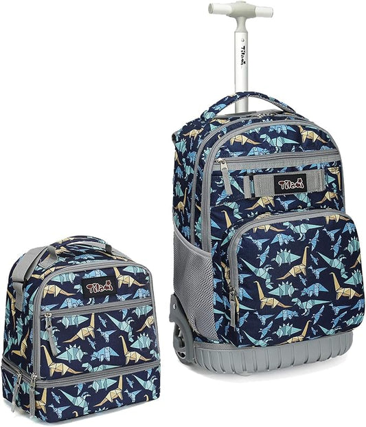 Tilami Rolling Backpack 19 inch with Lunch Bag Wheeled Laptop Backpack, Dinosaur