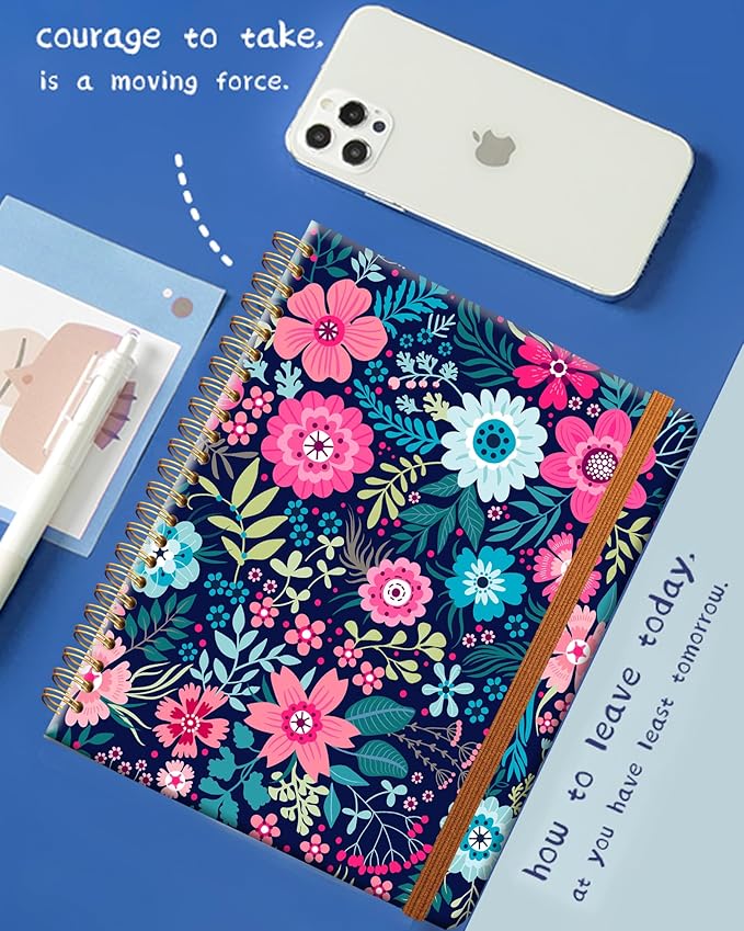 Ruled Spiral Writing Notebook,A5 Hardcover Lined College Journal for Women Lady Girl,Strong Twin-Wire Binding with Premium Paper,8.4" X 6",Perfect for School,Office,Home Gifts(colorful flower)