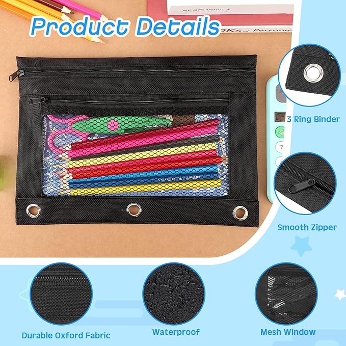 Tinlade 100 Pcs 3 Ring Binder Pencil Pouches Zipper Pouches Case with Mesh Window Ring Binder Pencil Bags Case for Christian Charity Donation Supplies(Black)