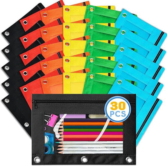 Ochido Pencil Pouch for 3 Ring Binder,Bulk,30 Pack in Assorted Colors,Sturdy and Durable Zipper Pencil Case with Clear Window,3-Hole Binder Cloth Pencil Bag for Storing School Office Supplies