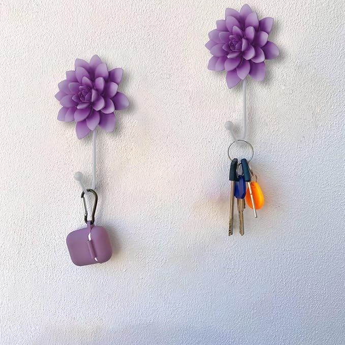 Guichifun Flower Shaped Decorative Wall Hooks - 2pcs Resin Purple Vintage Decor Hanger for Keys, Bags, Towels Bathroom Living Room Kitchen Home Decoration Gift 4 x 1.5 x 7 Inch