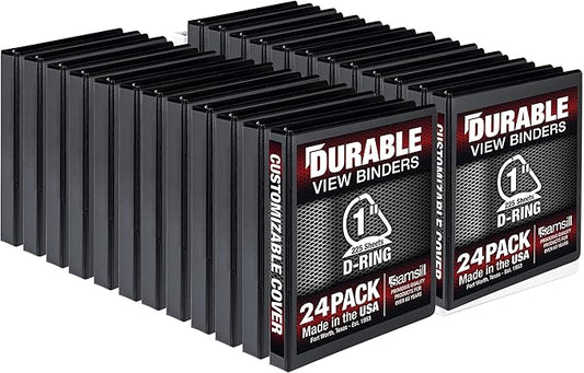 Samsill Durable 1 inch 3 Ring Binder, Made in USA, D Ring Binder, FSC 100% Recycled Chipboard, Black, 24 Pack - Bulk