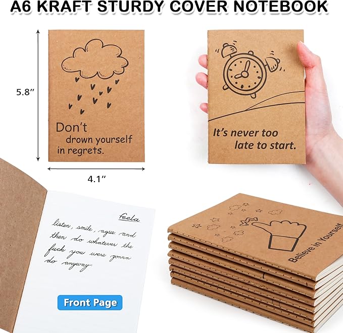 feela 15 Pack A6 Kraft Notebooks, 15 Designs Cute Mini Pocket Notebooks and Journals, Lined Motivation Small Journal Notebook Notepad Bulk for School Supplies Women Taking Memos, 4.1X5.8 in, 80 Pages