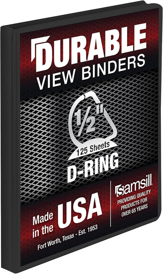 Samsill Durable 0.5 Inch Binder, Made in The USA, D Ring Binder, Customizable Clear View Cover, Charcoal Black, Holds 125 Pages