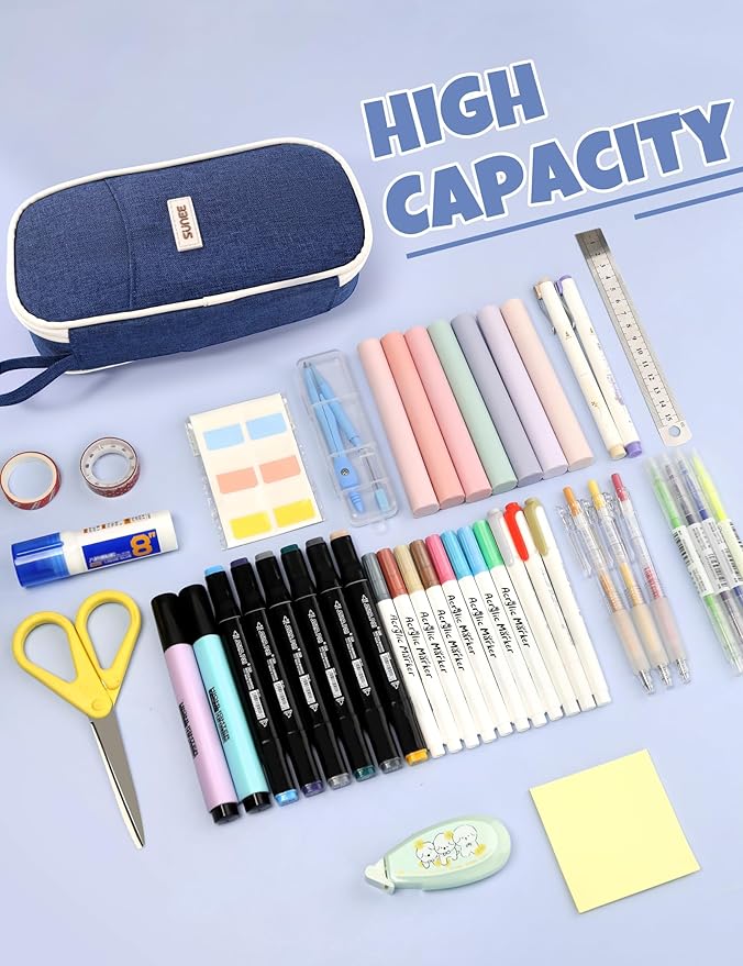 SUNEE Cute Pencil Case, Aesthetic Pen Pouch, Colored Large Pencil Bag with Zipper, Kawaii Stationery Storage and Organizer, School Supplies for Teen and Adult Girls, Navy Blue