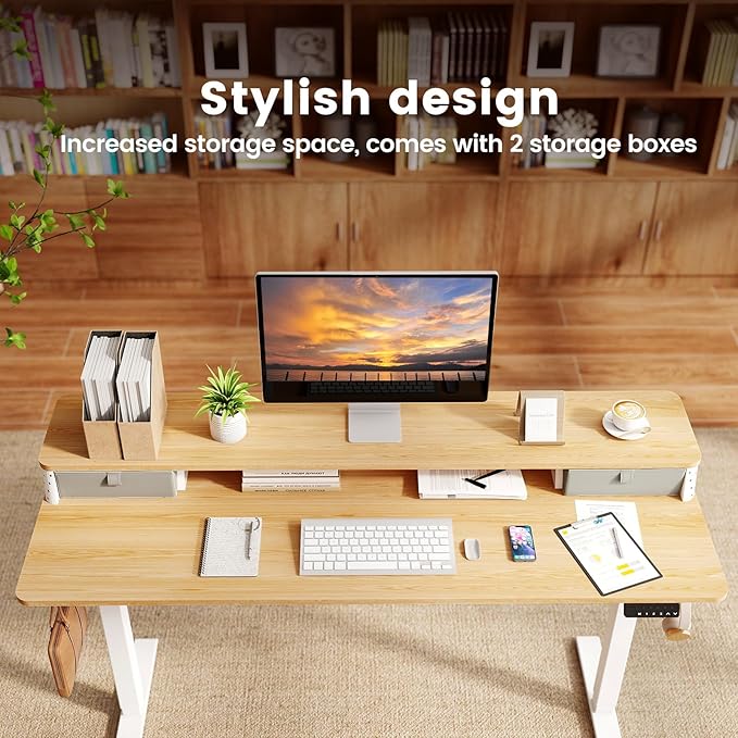 Standing Desk with Drawers and Brushless Motor,Electric Height Adjustable Desk for Walking Pad,Ergonomic Stand Up Desk for Home Office & Gaming,3 Memory Height Preset & Hooks(55" x 24",Oak)