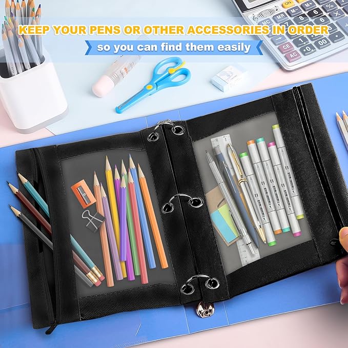 Ochido Pencil Pouch for 3 Ring Binder Bulk, 30 Pack in Black, Sturdy and Durable 3-Hole Binder Cloth Pencil Bag, Zipper Pencil Case with Clear Window for Storing School Office Supplies