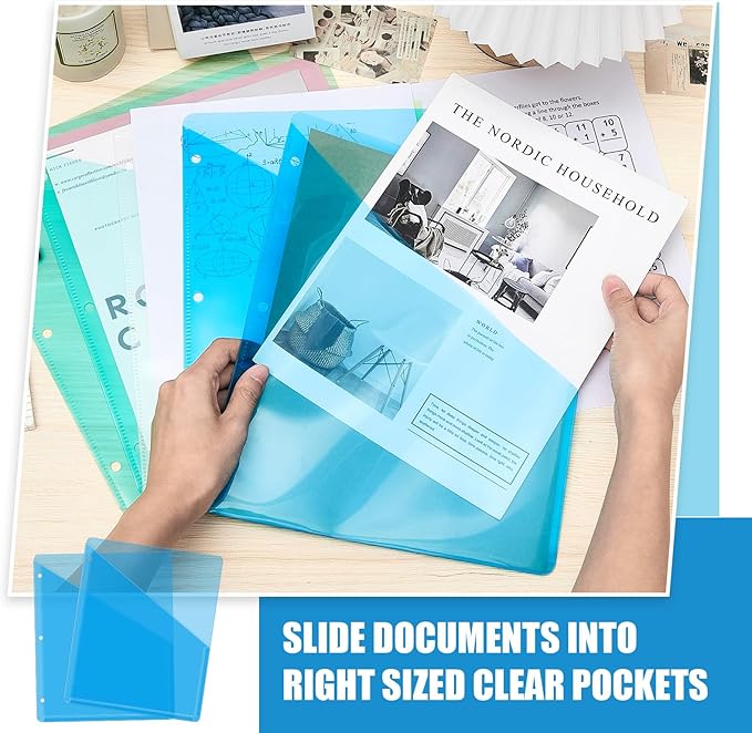Seajan 100 Pcs Pocket Folders for 3 Ring Binder Clear Plastic Folders Sleeves with 2 Pockets 3 Hole Punch Binder Dividers Poly Slash File Jackets for Office School Document Organizer (Blue)