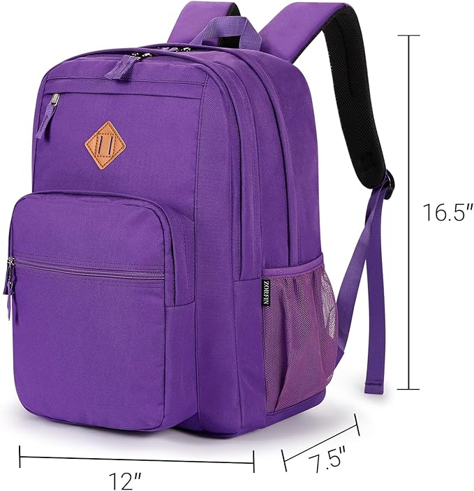 ZORFIN 26L Backpack for School, College, and Travel: Water Resistant Bookbag with 8 Compartments - Purple