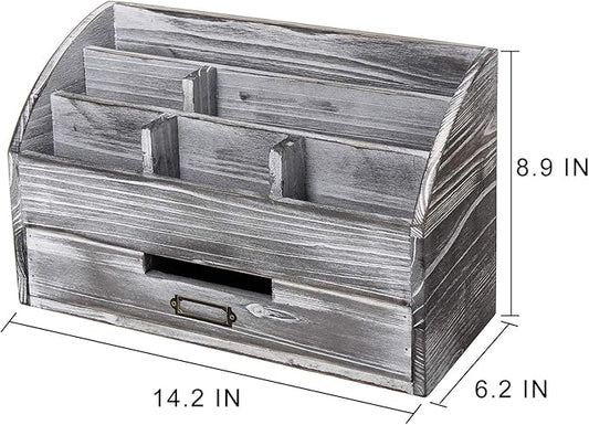 VERGOODR Rustic Wooden Office Desk Organizer 5 Compartment with 2 Drawer &Counter Home Tabletop Desktop Jewelry Mail Rack Storage Box for Pens Notebooks Folders Pencils (Grey white)