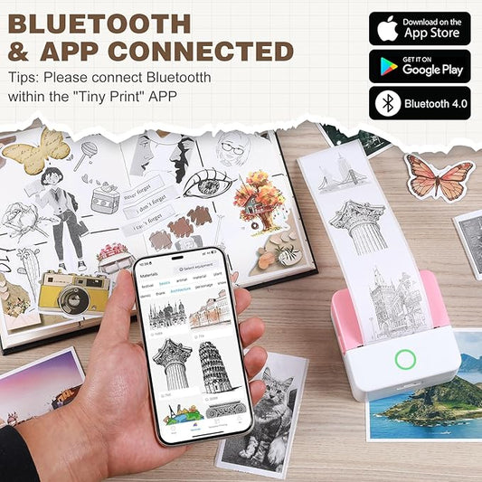 Print Pods Mini Printer, Thermal Inkless Sticker Maker with 10 Rolls Printing Paper, Pocket Printpod for phone, Impresora Portátil for Notes, Flashcards, Journal, DIY, Compatible with iOS & Android