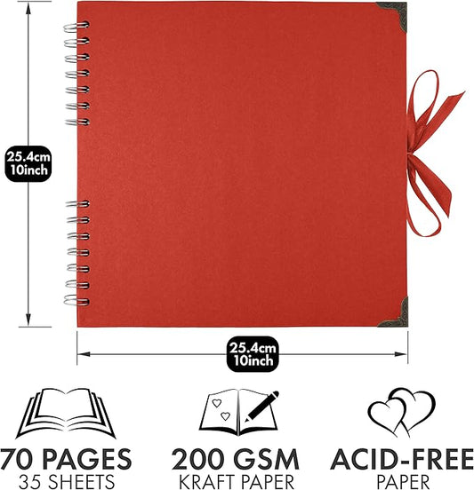 Bstorify 10 x 10 Inches Scrapbook Album 70 Pages Red Thick Kraft Paper Corner Protectors, Ribbon Closure - Ideal for Your Scrapbooking, Art & Craft Projects (Red, 10 x 10 Inch)