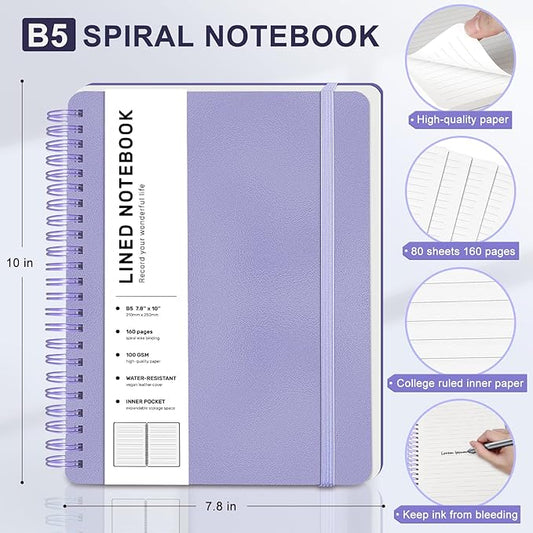 Lined Spiral Journal Notebook, B5 Spiral Notebook, 7.8''×10'' Journaling Notebooks for Work, School, Women, College Ruled Spiral Notebook, Hardcover Leather Notebook for Note Taking Business, Purple