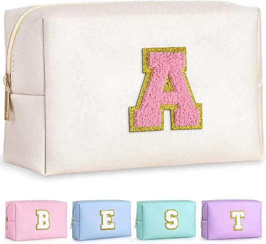 TOPEAST Makeup Bag for Women, Cosmetic Bag Initial Toiletry Pouch - Birthday Gifts for 5 6 7 8 9 10 11 12 Year Old Girls (White A)